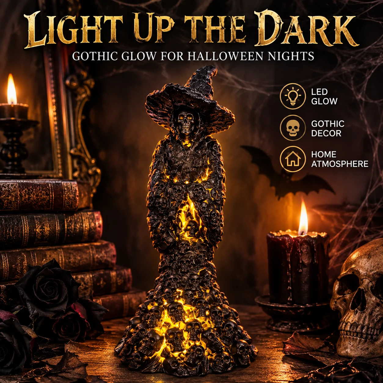Halloween Skeleton Witch Statue with LED Light Black Resin Skull Witch Figurine Dark Gothic Tabletop Decor for Halloween Party