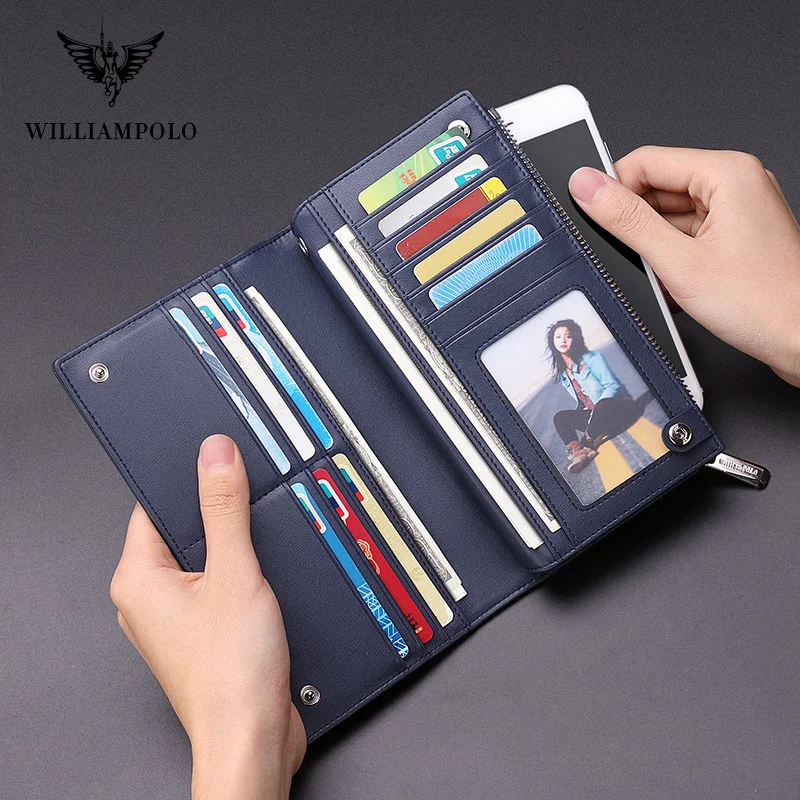 WilliamPOLO Brand Men Genuine Leather Wallet Zipper Coin Pocket Business Clutch Wallets Bag Male Long Wallets Men Wallet For Men