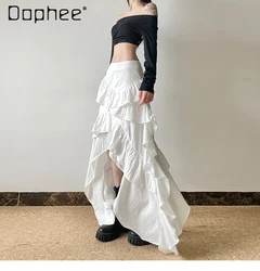 Simple Ruffle Irregular Skirt High Waist Temperament White A Line Long Skirt Chic Autumn New Fashion Korean Style Y2k Female
