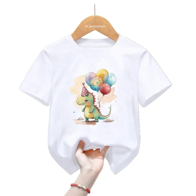 Birthday Gift Kids Clothes Dinosaurs Love Balloons Print T Shirt For Girls/Boys  Funny White Tshirt Summer Fashion T-Shirt