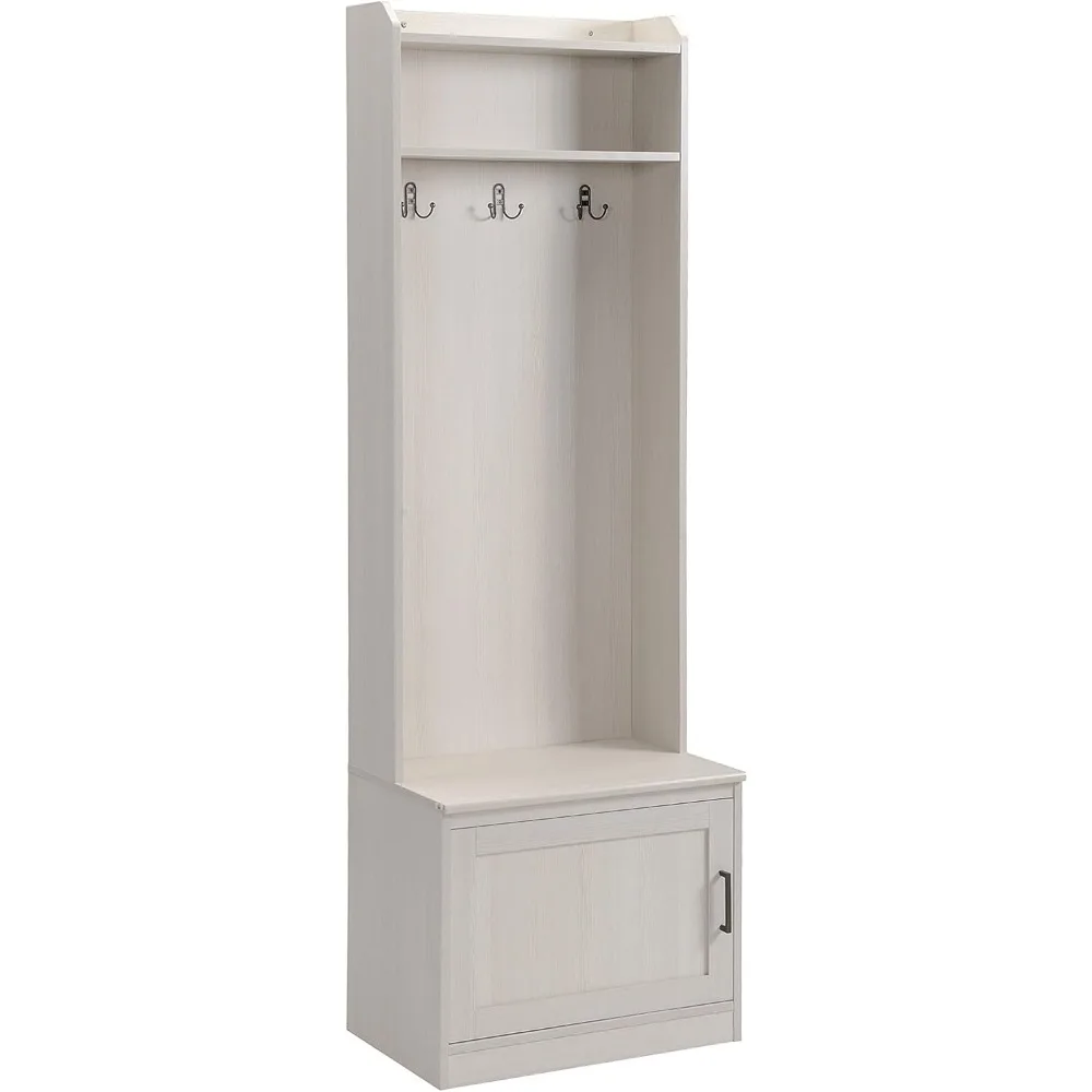 Rustic Hall Tree with Bench Coat Rack 3 Hooks 2 Shelves Shoe Cabinet White Solid Wood Finish Storage,White,clothe Racks