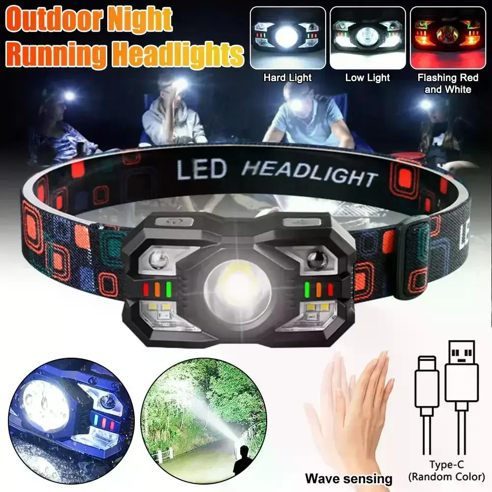 

D2 Led Headlamp USB Charging Motion Sensor Flashlight Night Fishing Light Waterproof Head Flashlight Torch for Camping Fishing