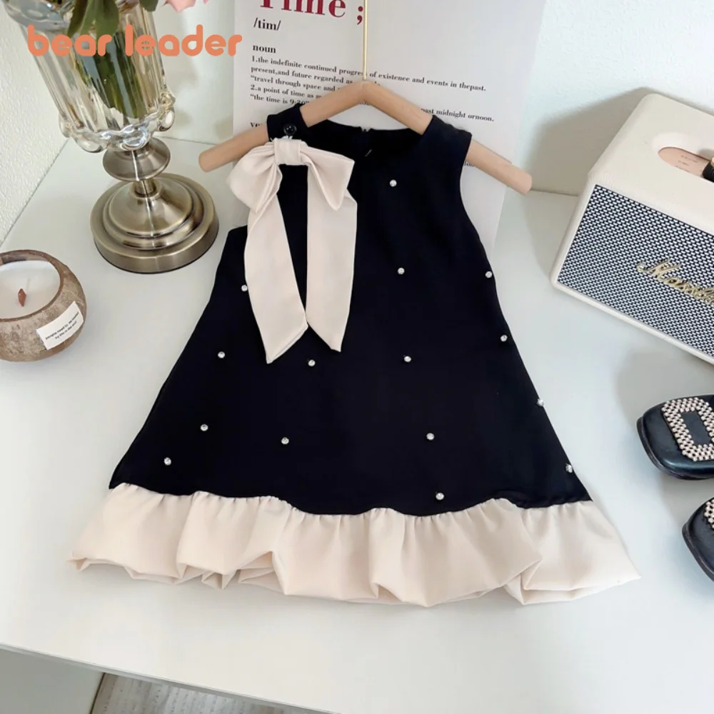 Bear Leader Black Sleeveless Girls Casual Dress Summer New Children's Clothing Detachable Bow Decoration Princess Dresses