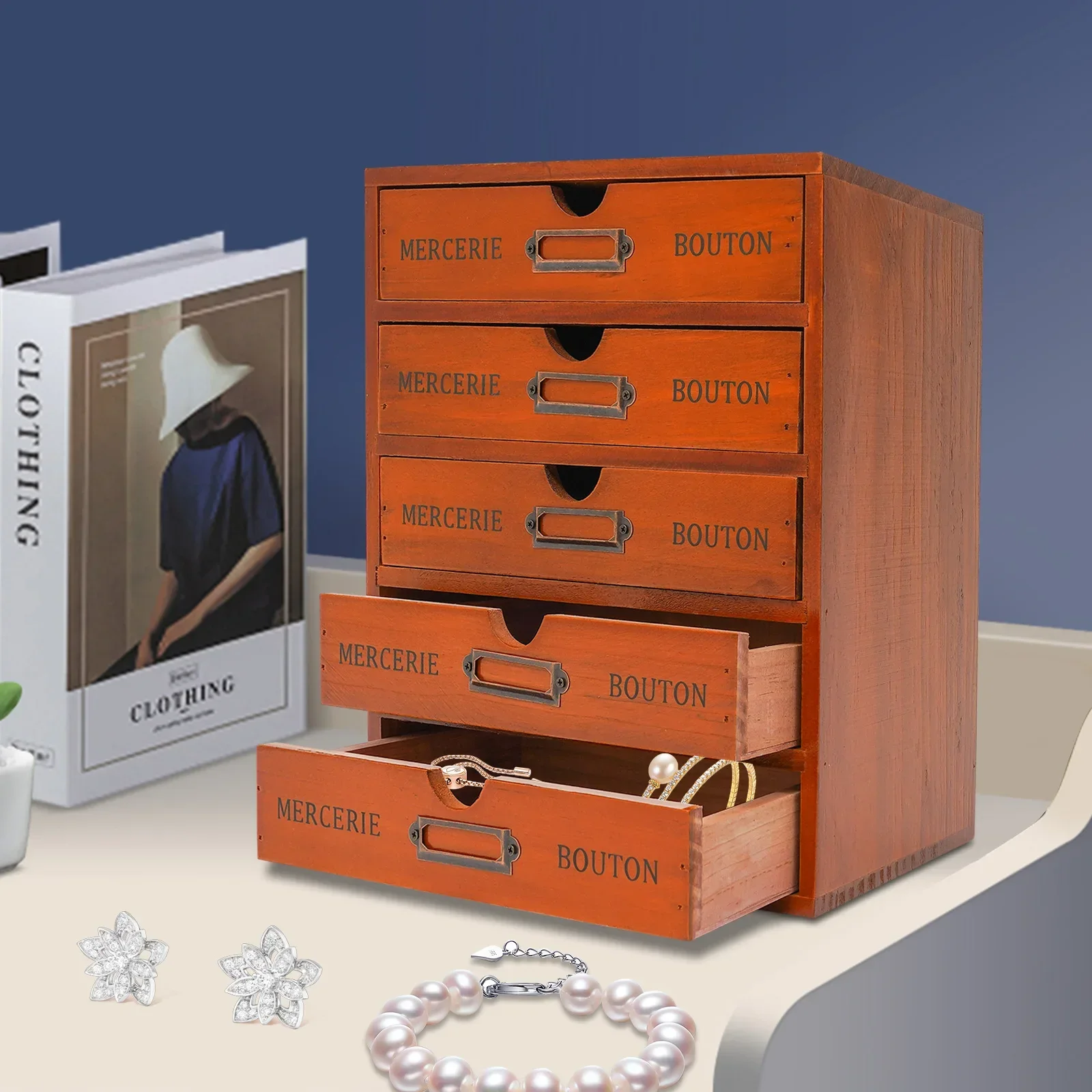 Bymaocar Organizzatore da scrivania in legno retrò a 5 strati Cassetto per mensola vintage Mobili per anziani non tossici per studio, camera da letto, toletta