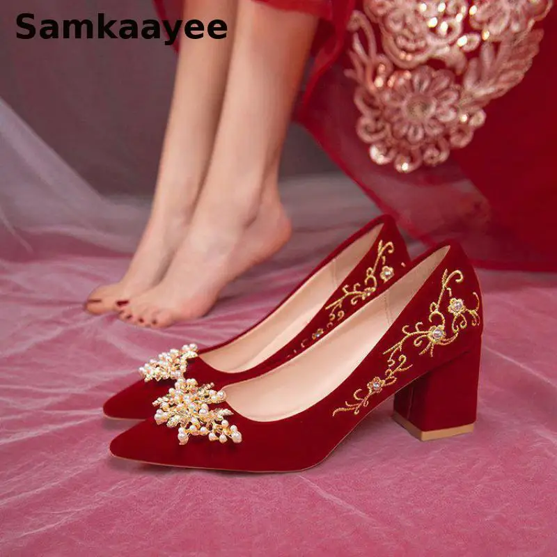 34-40 Women High Heels Pumps Spring Autumn Ladies Platform Wedding Shoes Female Chunky Pointed Toe Chinese Style Red Zapatos Y51