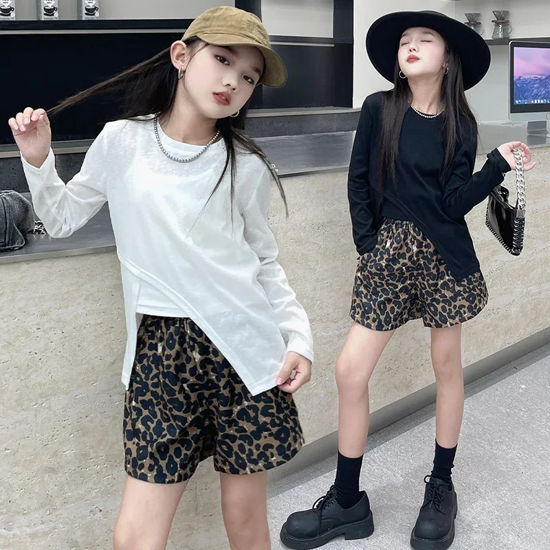 Summer autumn Korean teen Girls Sunscreen clothes set Irregular t shirt+vest+Leopard print shorts 3pcs junior kids suit outfits