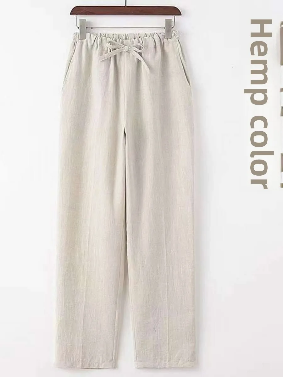 

Новые летние тонкие повседневные мужские брюки из хлопка и льна, свободные длинные брюки с эластичной резинкой на талии, удобные дышащие брюки для повседневной носки