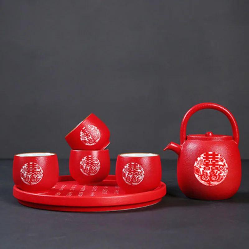 

Chinese Traditional Wedding Ceramic Tea Pot Set Cup Tray Set Red Double Happiness Porcelain Tea Infuser Gift Supply