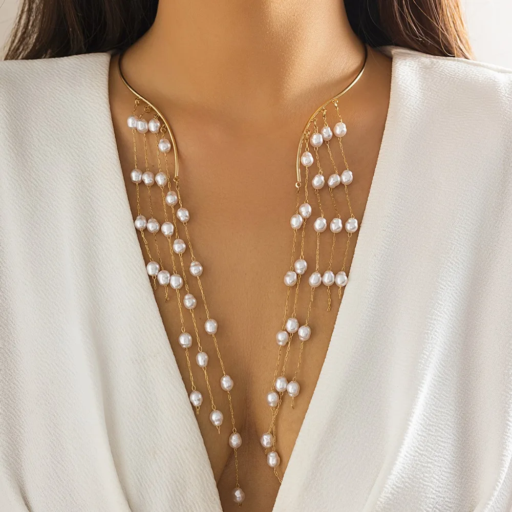 

Imitation Pearl Long Tassel Star Necklace Chest Chain Goth Crystal Sequin Pendant Ornament Exaggerated Open Torques Choker