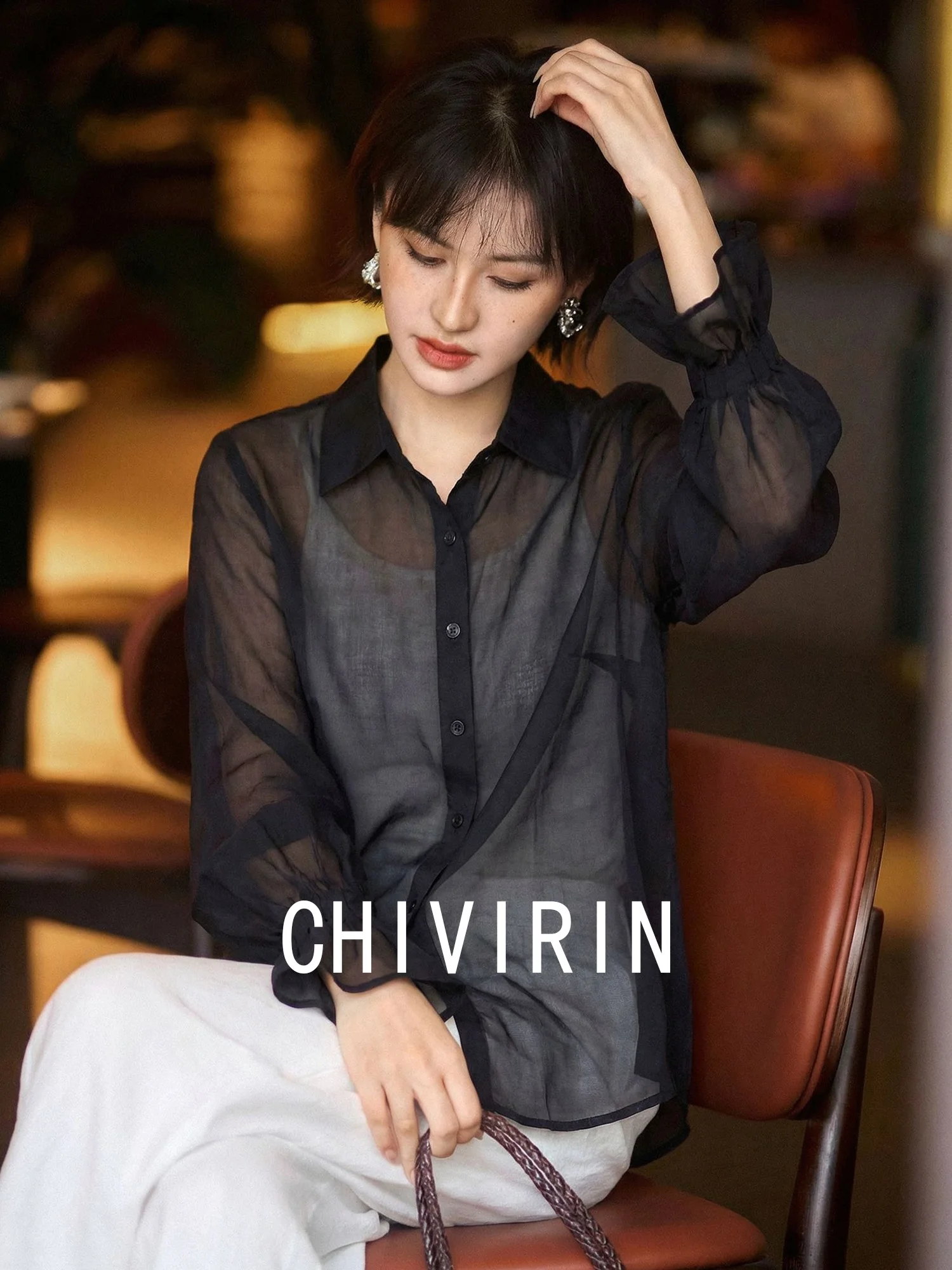 

Женская свободная рубашка с длинными рукавами Chivirin Original Design, черная, сексуальная, прозрачная, с защитой от ультрафиолета, весенне-летний открытый кардиган-пальто