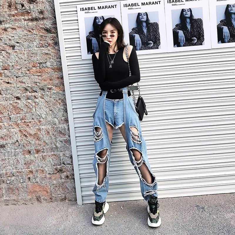 New Harajuku Leggings Holes Denim Trousers High Waisted Streetwear Straight Wide Leg Y2K Pants Ripped Boyfriend Hole Jeans Women