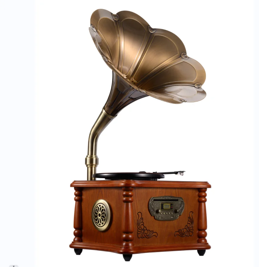 Brown Vintage Classic Home Decoration Retro Antique Gramophone Phonograph Turntable Vinyl Record Player Stereo Speakers System