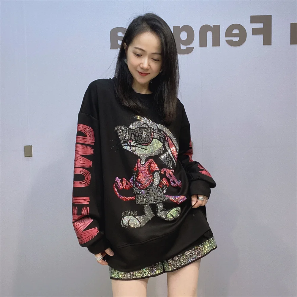 New Autumn Winter Loose O-neck Pullover Top All-match Women Space Cotton Hoodie Cartoon Hot Drilling Long Sleeve Sweatshirt