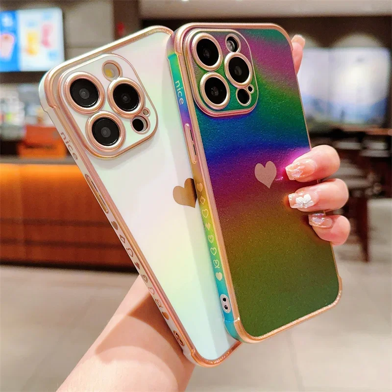 Colourful Love Heart Electroplated Phone Case For iPhone 16 15 14 13 12 11 Pro Max Plus Shockproof Silicone Soft TPU Back Cover