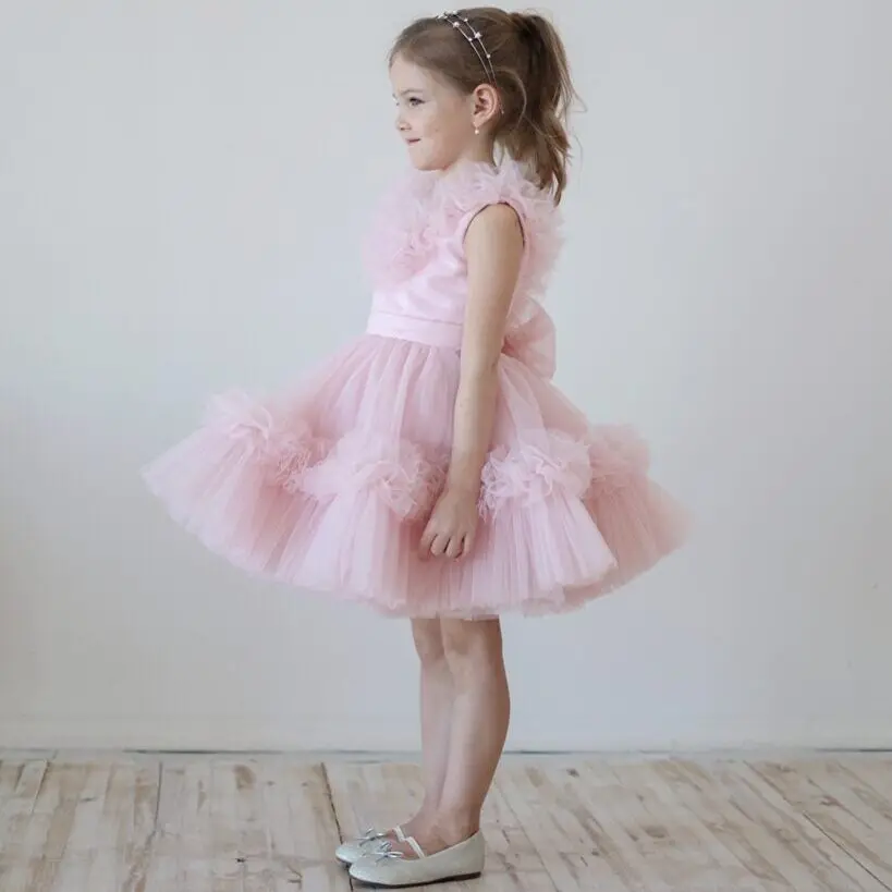 Bonito vestido rosa de flores para niña, vestidos hinchados para fiesta de boda, vestido de desfile de cumpleaños para bebé