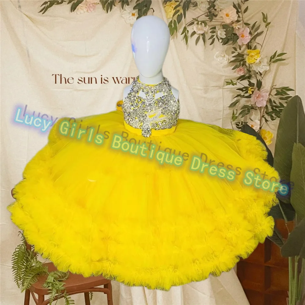 

Gorgeous Yellow Flower Girl Dress Sleeveless Tulle Fluffy Gem Applique for Wedding Party Little Baby Girls Birthday Party Gowns