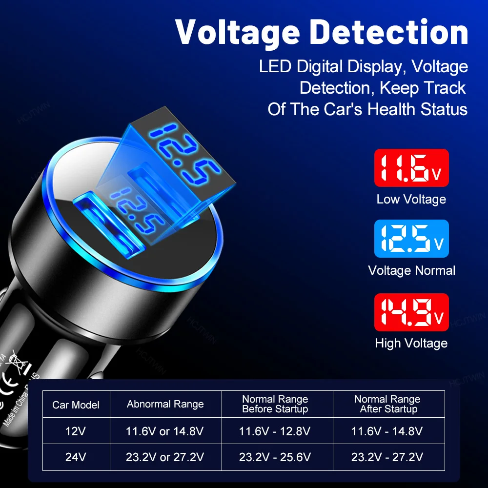 Dual USB 12.5V Voltage Display Car Charger For Plug Lighter Smart Phone USB Adapter Mobile Phone Charger Fast Charging
