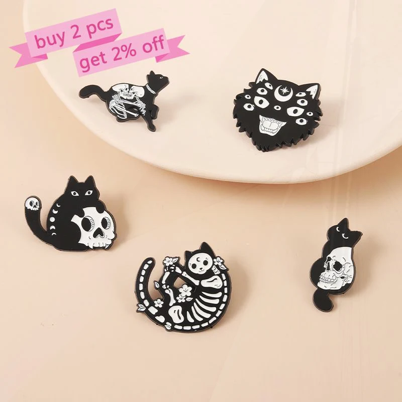 Badge Pin Lapel Brooch Denim Jeans Shirt Bag Punk Jewelry Gift for Friends Gothic Cat Enamel  Pins Skull Skeleton Witch Cats