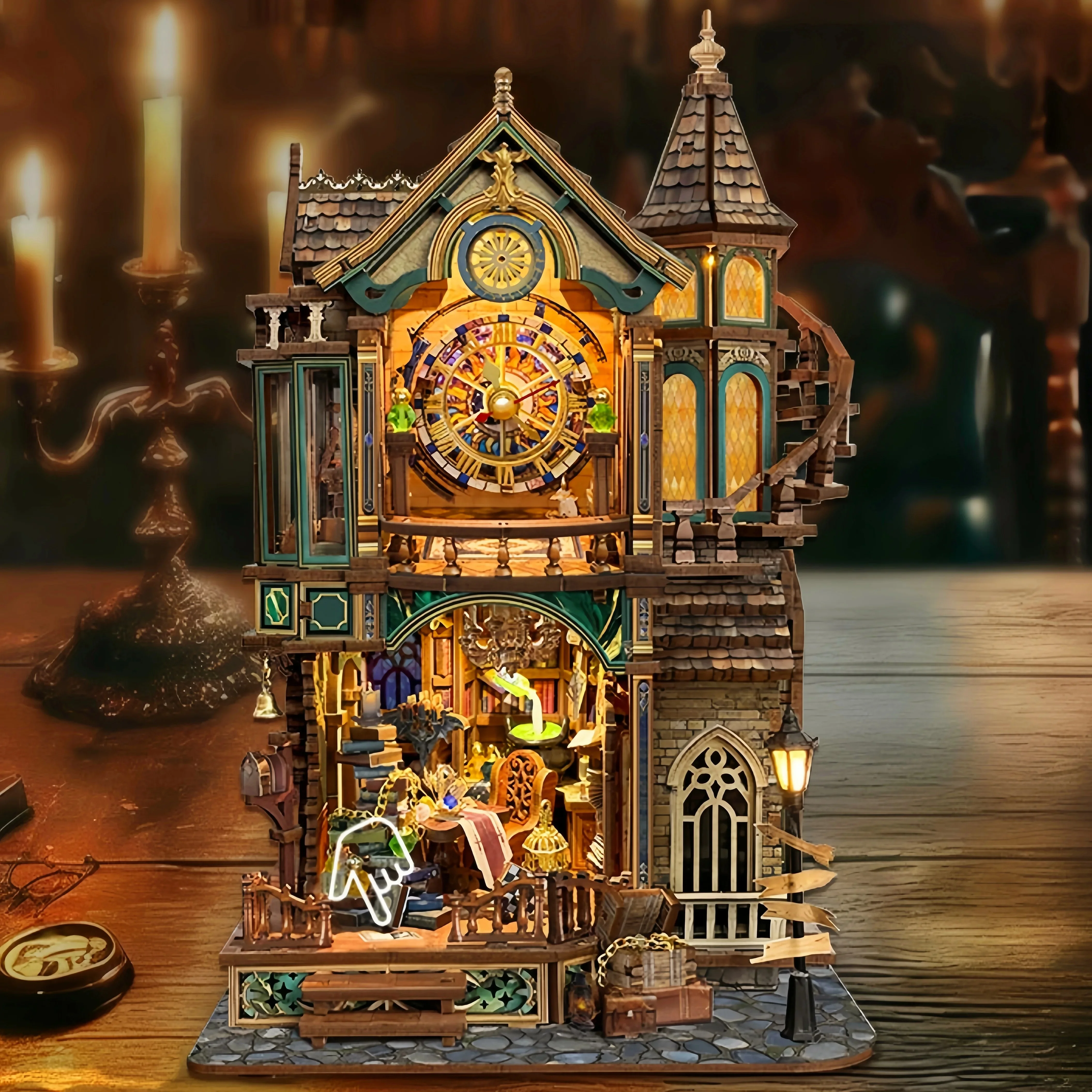 DIY Book Nook Shelf Insert Kit Night Magic Clock Tower Bookend Miniature Dollhouse 3D Puzzle Assembly Model for Adults Gifts