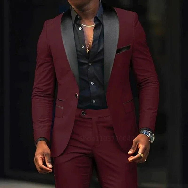 2 Piece Solid Casual  Men Wedding Suits Slim Fit Shawl Lapel Blazer Pant Designs Party Prom Suits Best Man Business Wear Suit