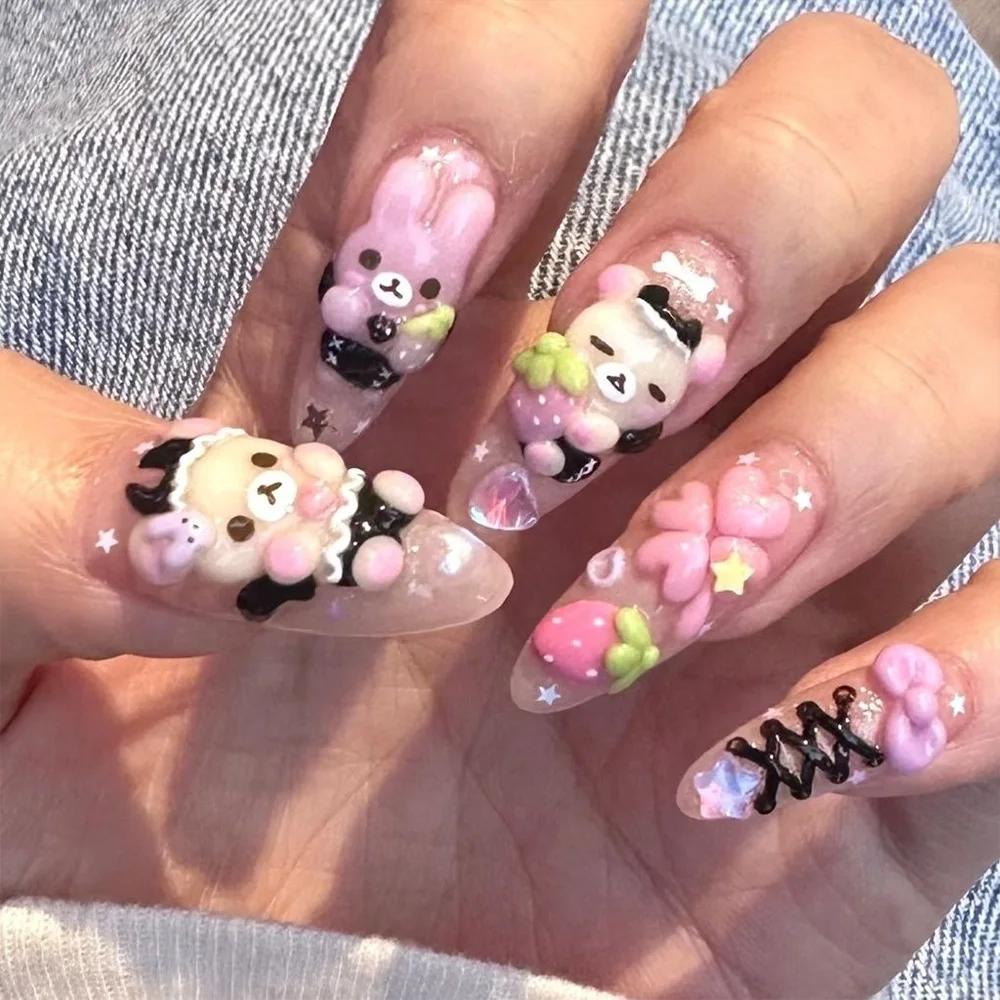 Niedliche Retro Japanische Rilakkuma Rosa Kaninchen Mandel Künstliche Nägel 3D Schleife Stern Katzenpfote Erdbeere Aufklebenägel Handaccessoires – Detail 25