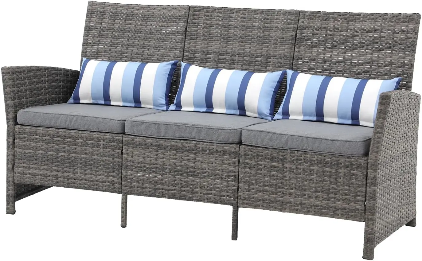 

Outdoor Furniture 3 Seats Patio Couch Wicker Sofa, Grey PE Wicker with Grey Cushions & Lumbar Pillows, Porch, Backyard, Pool