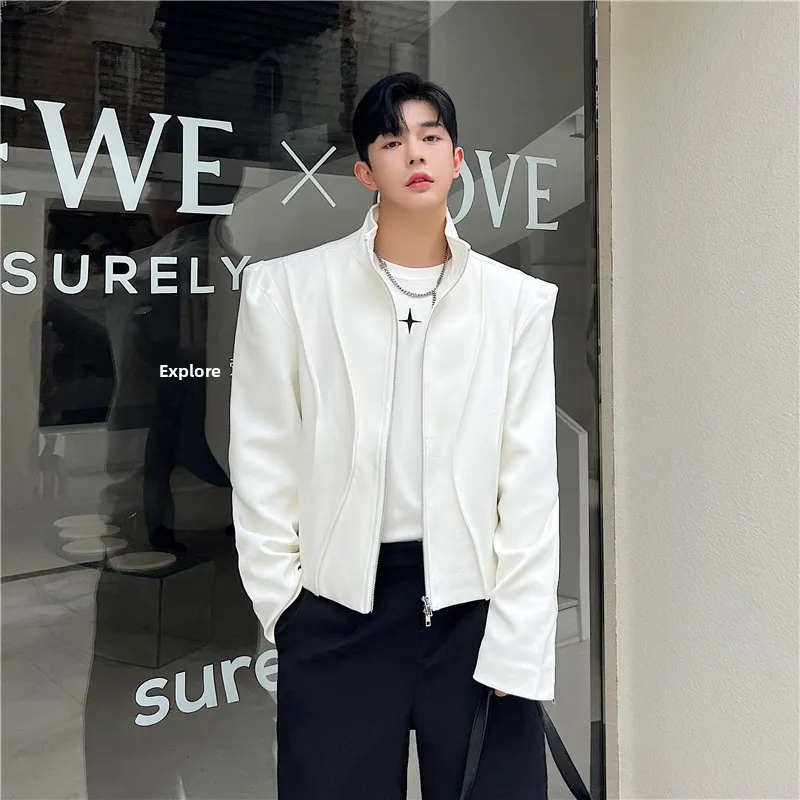 Spring Design Short Men\'s Jacket Black White Color Block Shoulder High Street Style Casual Korean Version Anti-Wrinkle Polyester