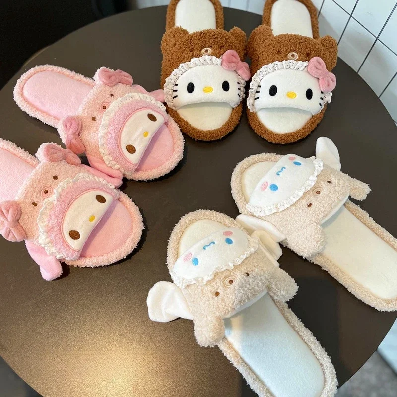 

Милые аниме-тапочки с открытым носком Kuromi My Melody Pom Pom Purin Cinnamoroll, домашняя домашняя обувь, женские тапочки с героями мультфильмов для девочек на плоской подошве
