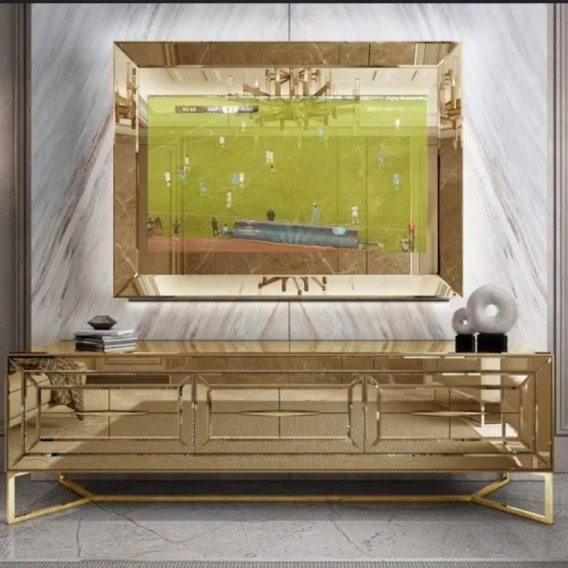 Mirror coffee table cabinet, gold stainless steel TV bench, home hotel fireplace