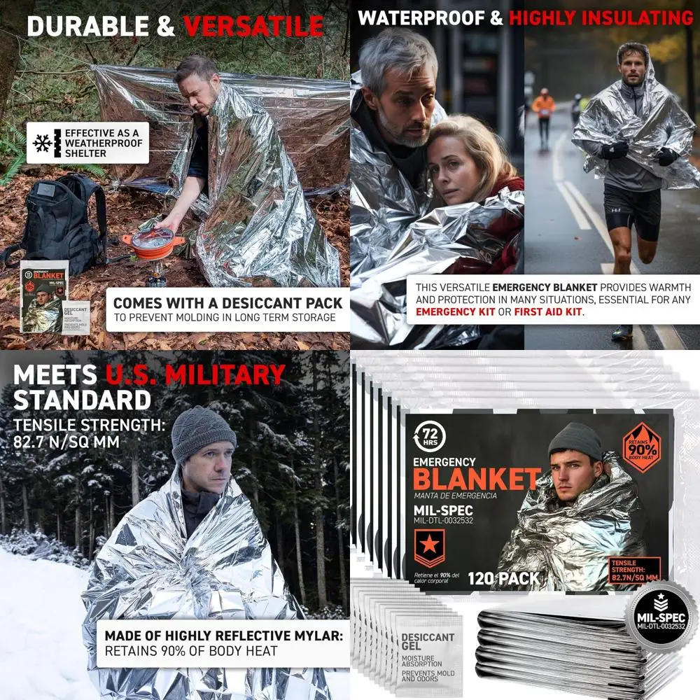 بطانيات مايلر الفضائية الكبيرة في حالات الطوارئ 120 عبوة، MIL-SPEC 54 بوصة × 88 بوصة من رقائق النجاة الحرارية - يحافظ على حرارة الجسم بنسبة 90%، مقاومة للماء #1