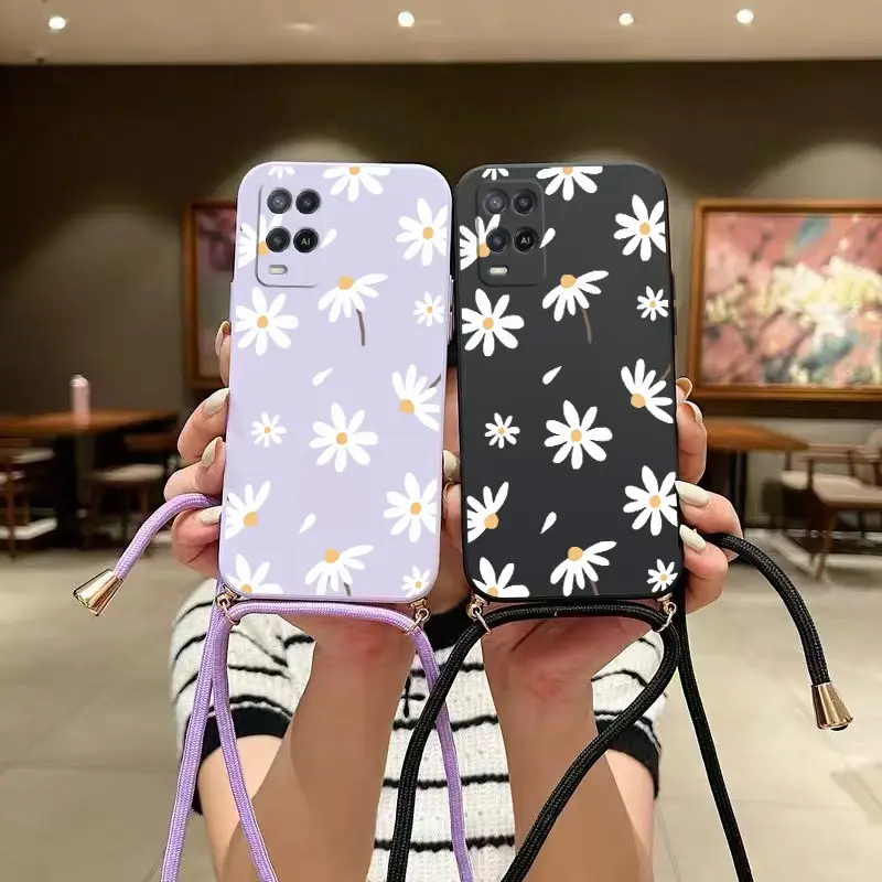 A54 Fallen Flowers Lanyard Silicone Phone Case For Oppo A54 A53 A57 A52 A76 A79 A78 A96 A5S A55 A15S A36 A16K A17 A72 A93 Cover