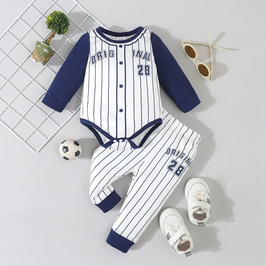 0-18 Months Newborn Baby Boy Clothing Set Long Sleeved Patchwork Striped Baseball Jumpsuit with Pants Autumn Indoor Party Suit