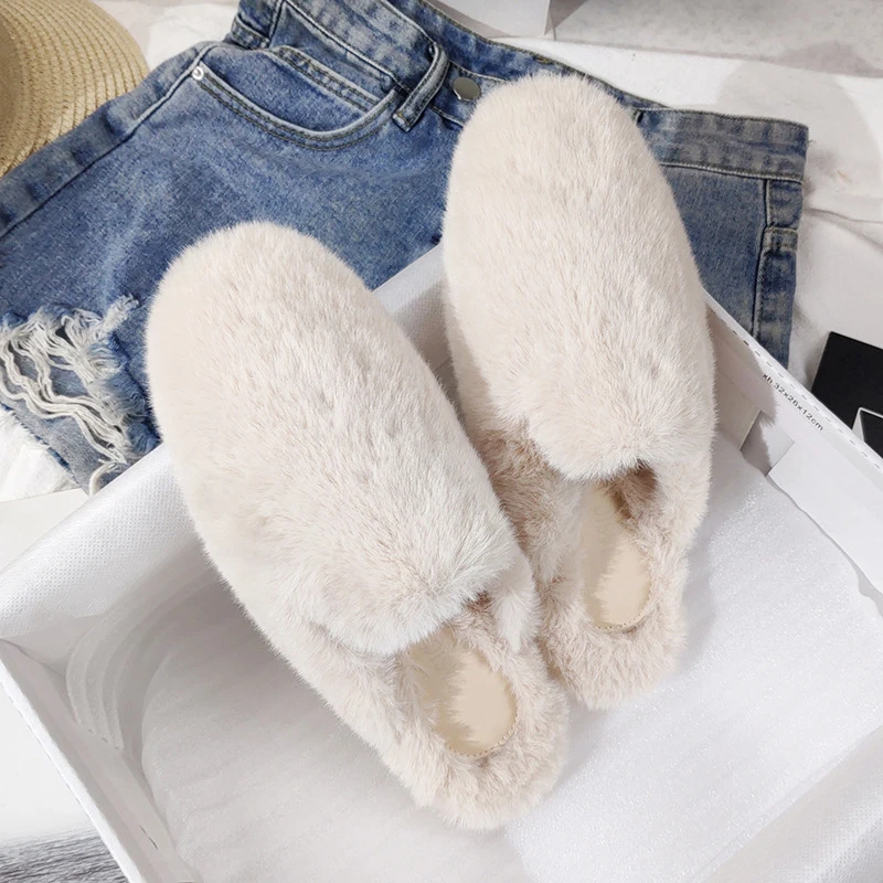 Fashion Winter Warm Fluffy Faux Mink Mules Flat Slides Closed Toe Loafers Indoor Outdoor Fur Slippers for Women