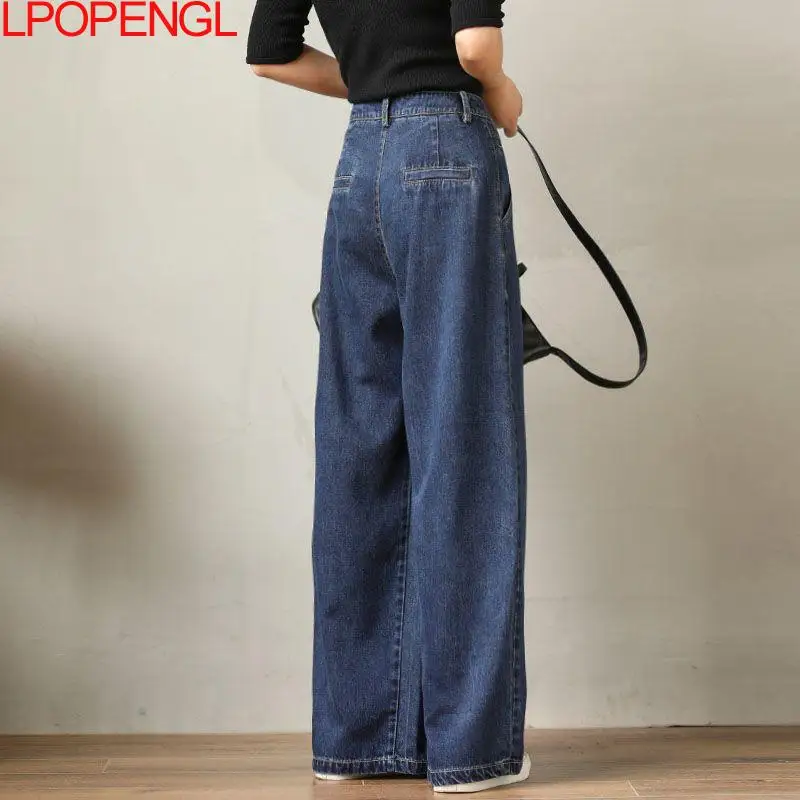 Imagem -06 - Calça Jeans de Perna Larga Cintura Alta Feminina Calça Vintage Casual Esfregando Solta Primavera Outono 2023