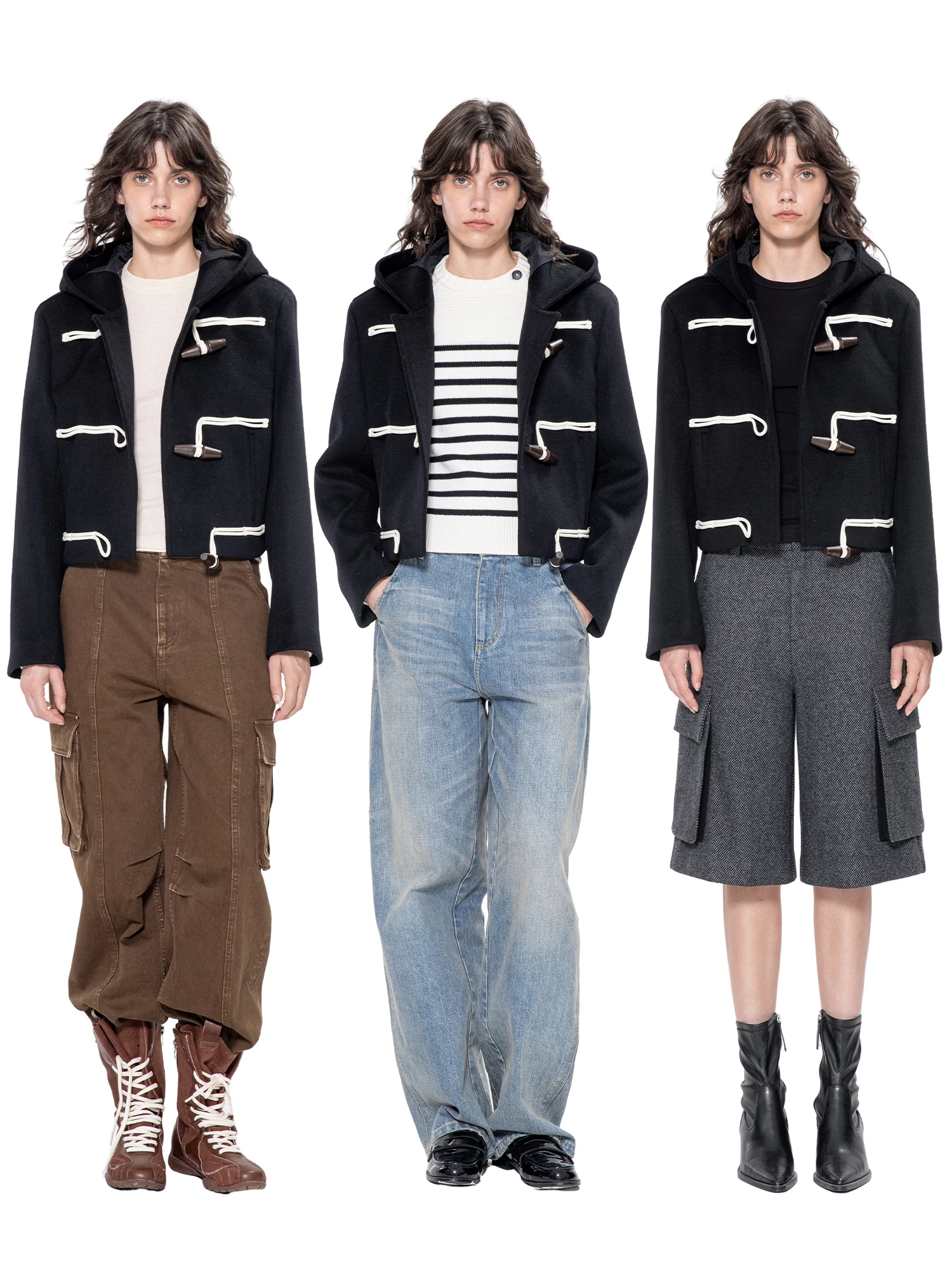 

TROU NOIR Bla Hole 2025 Осенне-зимнее новое шерстяное пальто-жакет укороченной длины на пуговицах с капюшоном, утепленное, с длинными рукавами, женское