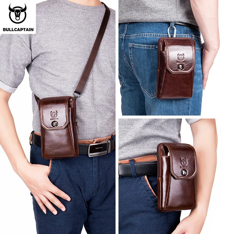 BULLCAPTAIN Genuine Leather Men\'s Waist Packs Phone Pouch Bags Waist Bag Male Small Chest Shoulder Belt Bag Small Waist Packs