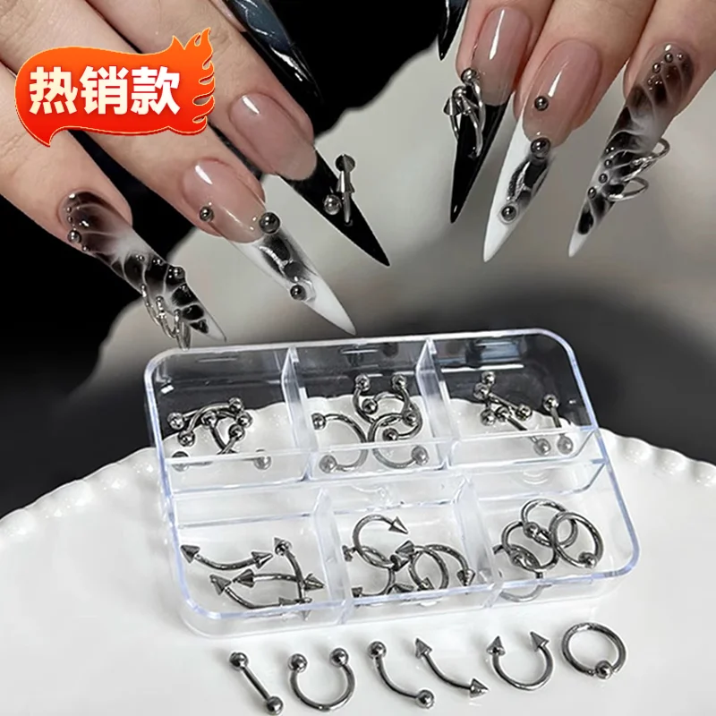 30pcs/box 6 Grids 3D Nail Piercing Punk Charm Metal Alloy Pierced Black/White Nail Jewelry Decor Nail Supply For Cool Girl