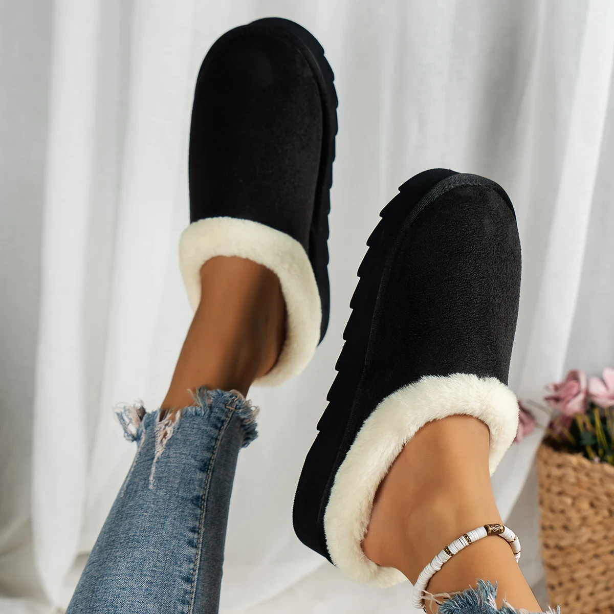 Wintermode Damen Flauschige Dicksohlige Freizeitschuhe, Dicksohlige Rutschfeste und Warme Hausschuhe mit Fellfutter – Detail 15