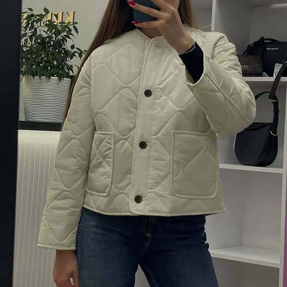 

Свободная хлопковая куртка женская осенне-зимняя новая стильная простая клетчатая верхняя одежда с карманами и круглым вырезом