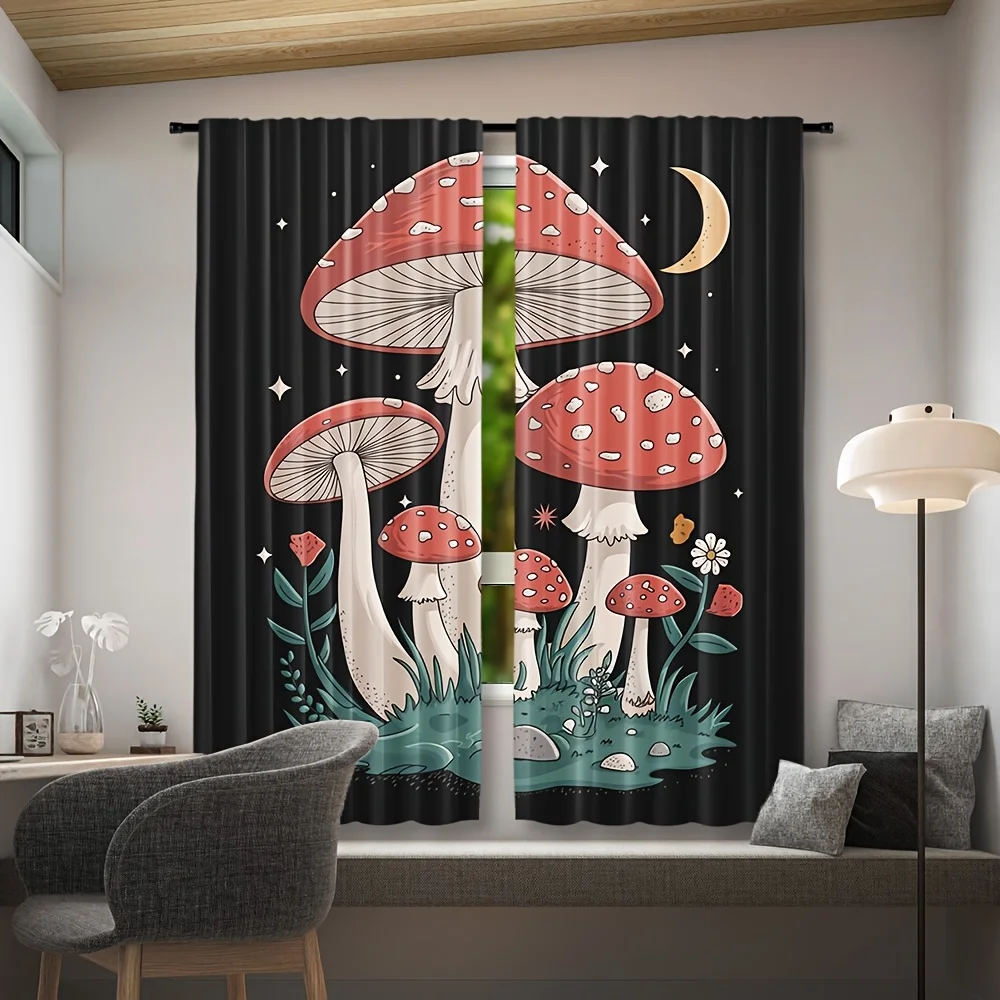 2pcs Whimsical Mushroom Print Curtains - Easy-Hang Rod Pocket Design, Semi-Transparent Polyester for Bedroom, Office, Kitchen &