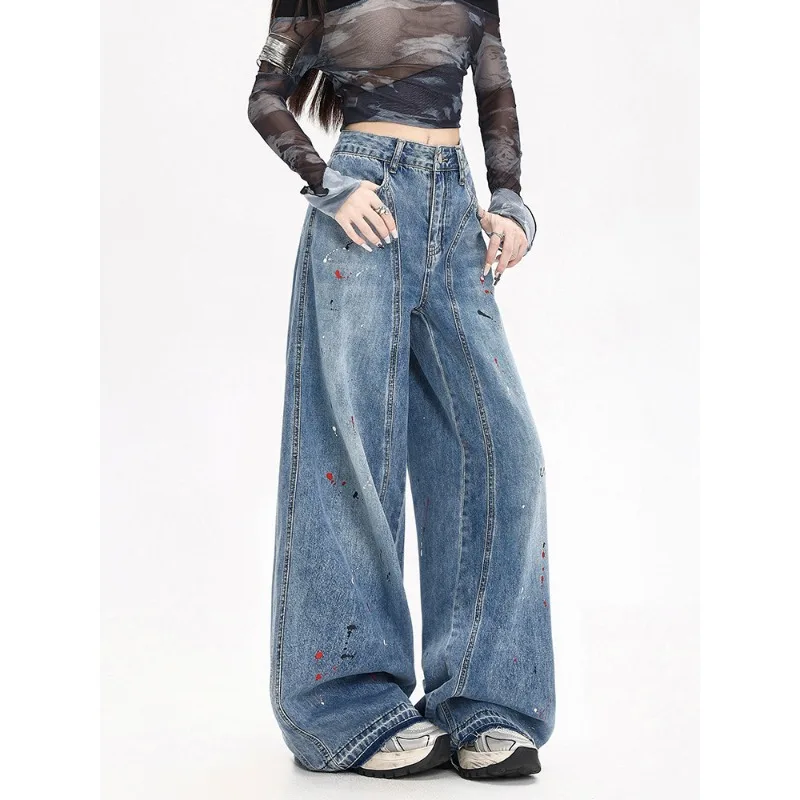 กางเกงยีนส์ขากว้างทรงตรงเอวสูงสไตล์ลำลองสำหรับผู้หญิง รุ่นใหม่ล่าสุด ล้างสีแบบพ่นสี  สำหรับฤดูใบไม้ผลิและฤดูใบไม้ร่วง