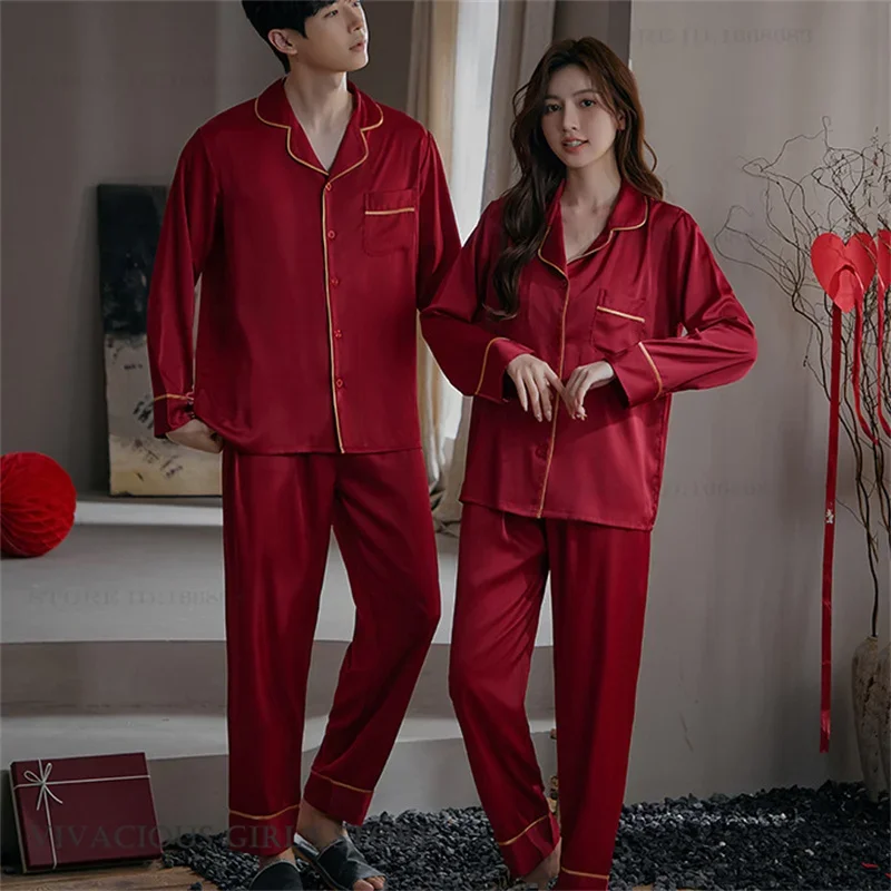 Liebhaber Pyjamas Set Frühling Herbst Neue Langarm Hosen Pijamas Anzug Lose Beiläufige Seide Satin Paar Hause Kleidung Loungewear