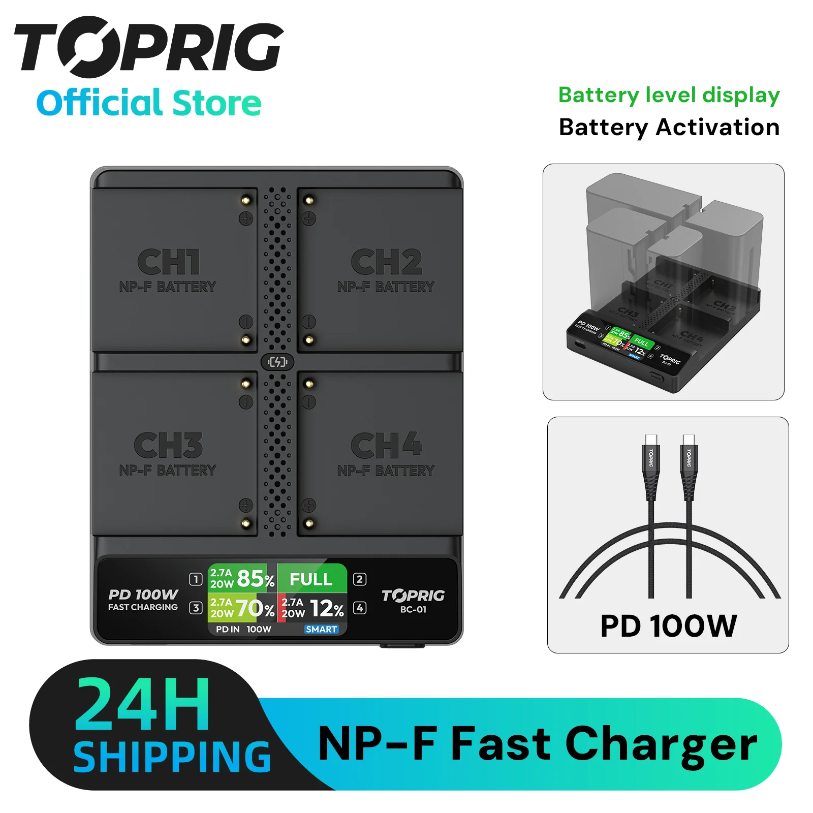 Toprig PD 100W 4-CH NP-F Fast Charger Color LCD display with LCD Display for Sony NP-F970, NP-F550 battery,Battery under-voltage