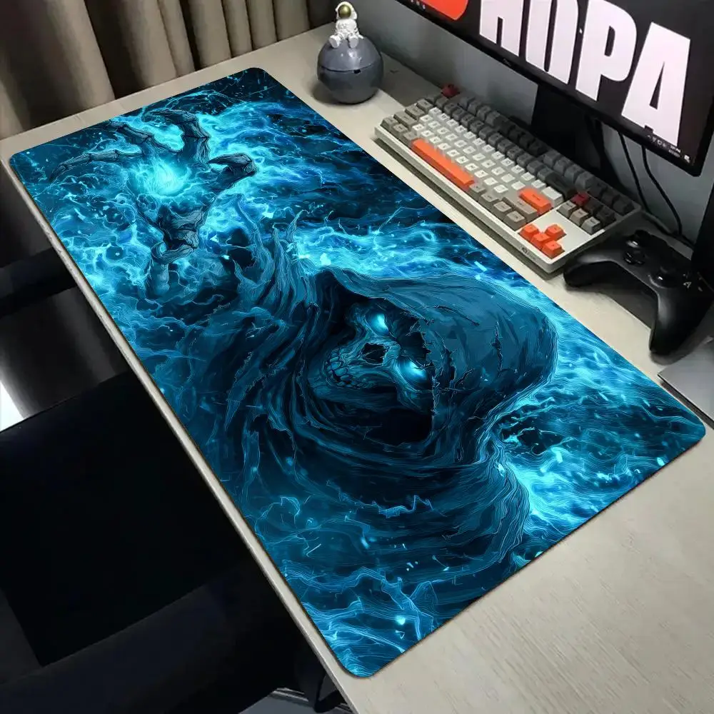 Ghostly Blue Fire and Skeleton Mouse Pad Desk Mat Stitched Edge XXL Mousepads Rubber Anti-slip Gamer Keyboard Rug Gaming Mats