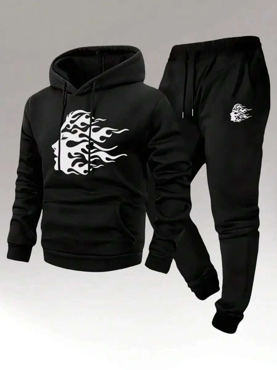 

Mens Black Hoodie And Jogger Pants Set With White Flame Face Print, Casual Drawstring Waist, Fall Winter Regular Fit