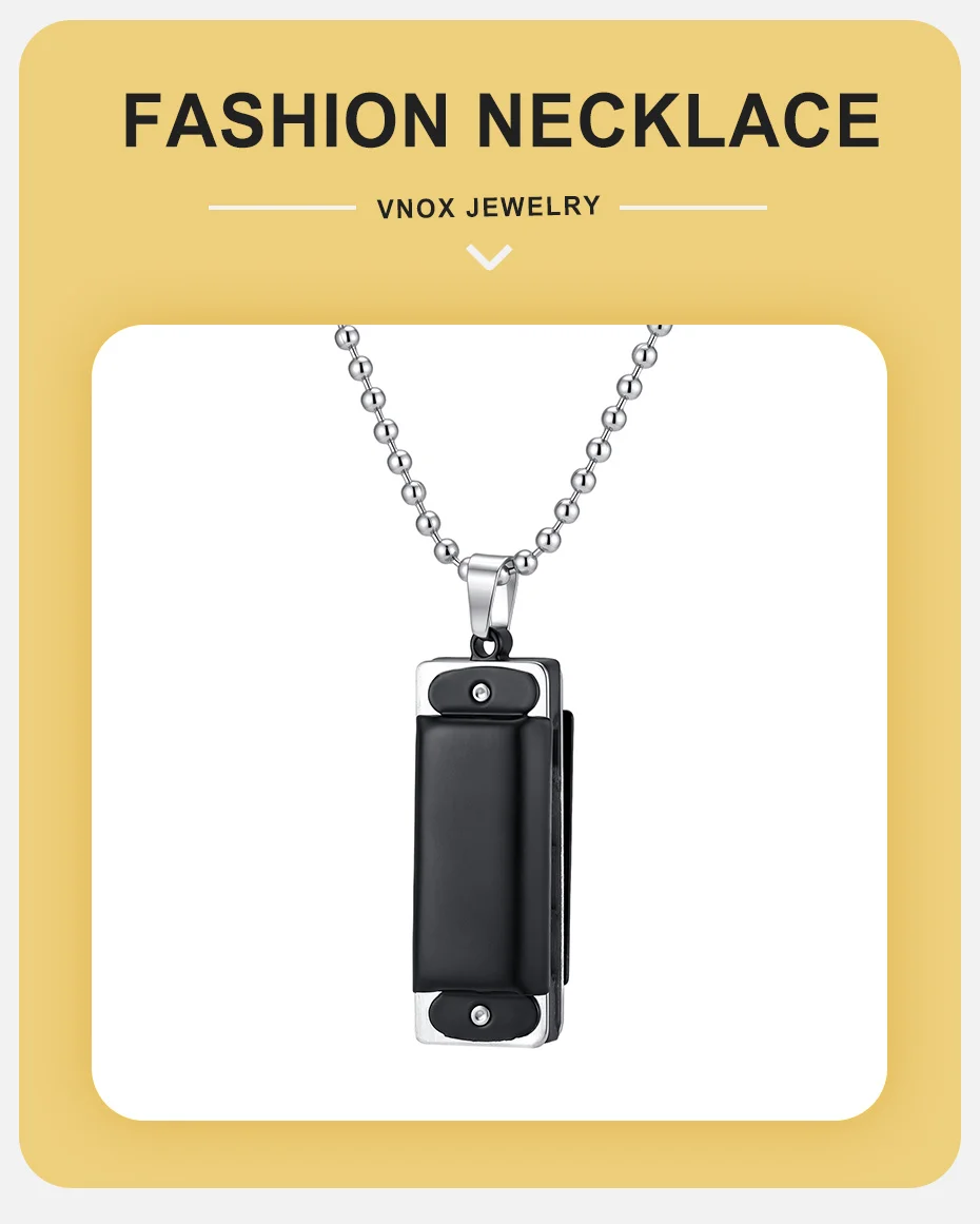 Vnox Herren Mundharmonika Anhänger Halskette, Edelstahl Perlenkette Rechteckiger Legierungsanhänger Schwarz Punk Alltagsschmuck Geschenk für Ihn – Detail 1