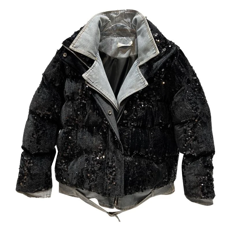 sequins 2023 stitching New Denim winter jacket women coat black white blue 90% white duck down windproof outdoor female parkas