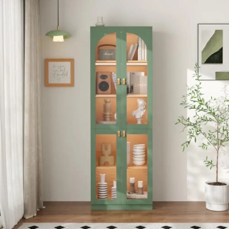 Living room office curio cabinet with tempered glass door, 71 H tall display cabinet in black, 5-tier pantry storage bookcase w view 3