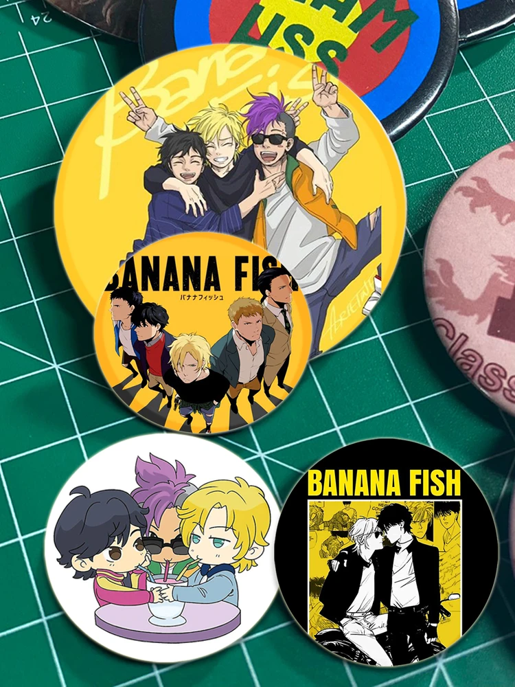 58/44/32MM TV Animation Banana Fish Tinplate Soft Button Brooch Icon Creative Badge Snap-in Button Pins Brooches for Clothes Bag