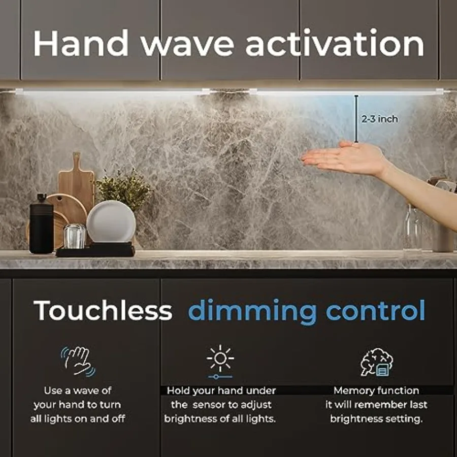 Hand Wave Activated Under Cabinet LED Lighting Kit Dimmable 1-Pack 40 in - Touchless Dimming Control White Under Counter Lights
